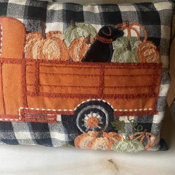 Loving Kindness Fall Pumpkin Patch Plaid Large Throw Pillow Dog Truck embroider - Picture 3 of 9